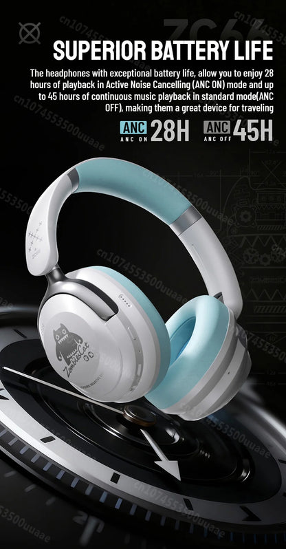 Zombies Cat S10 ANC Bluetooth 6.0 Headphones -45dB Active Noise Canceling Earphone HiFi Stereo Over-Ear Wire/Wireless Headset