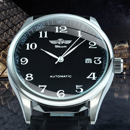 Reloj clásico para hombre: estilo retro con calendario y agujas azules, movimiento mecánico automático, marca de prestigio, caja de acero y correa de piel