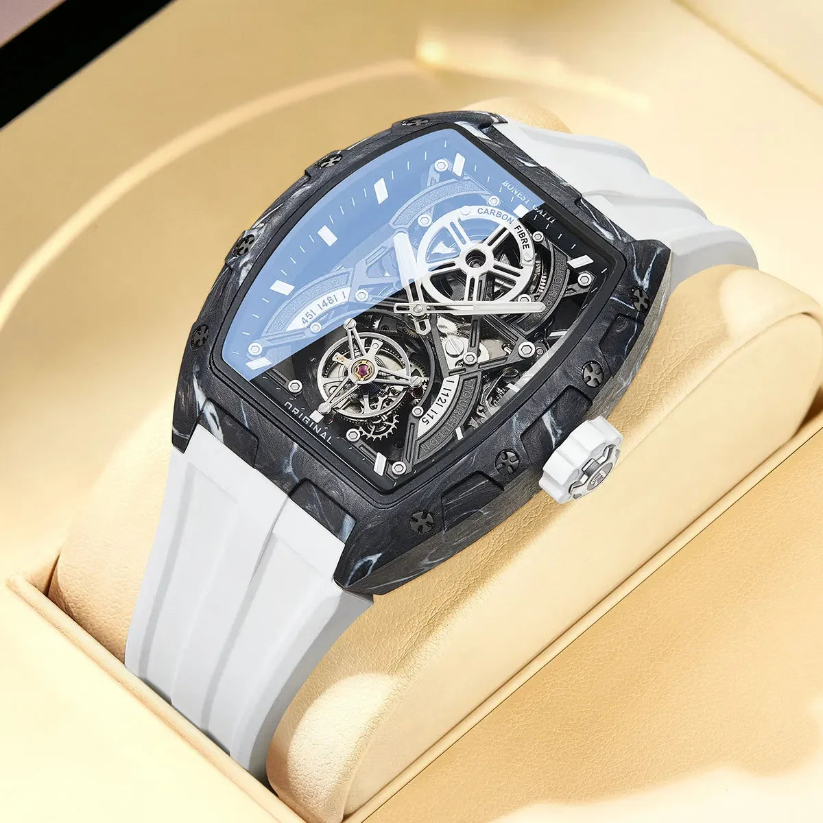 BONEST GATTI Men Automatic Mechanical Watch Skeleton Dial Sapphire Crystal Fluororubber Strap Waterproof Luminous Business watch