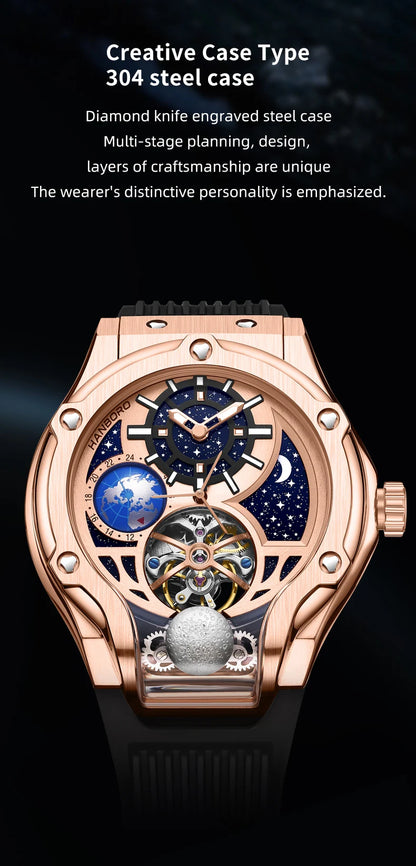HANBORO Rose Gold Starry Sky Hollow Flywheel Moon Phase Automatic Mechanical Watch Luxury Space Theme Sports Watch 980