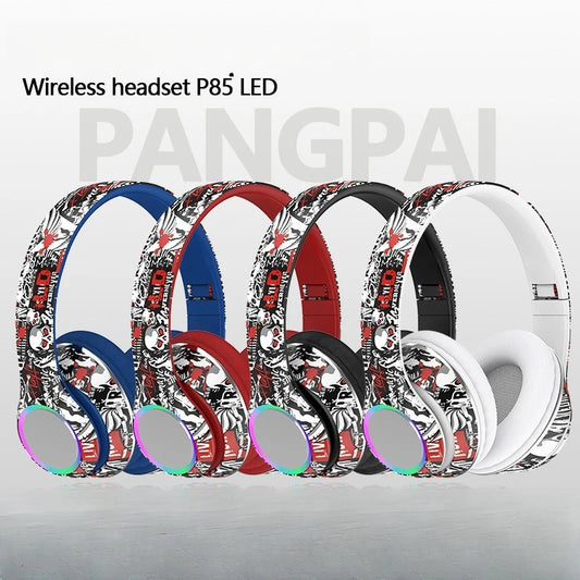 P85 Graffiti Wireless Headset Bluetooth 5.3 Gamer Headphones with Microphone Overhead Headphone with LED Light Foldable FM Radio