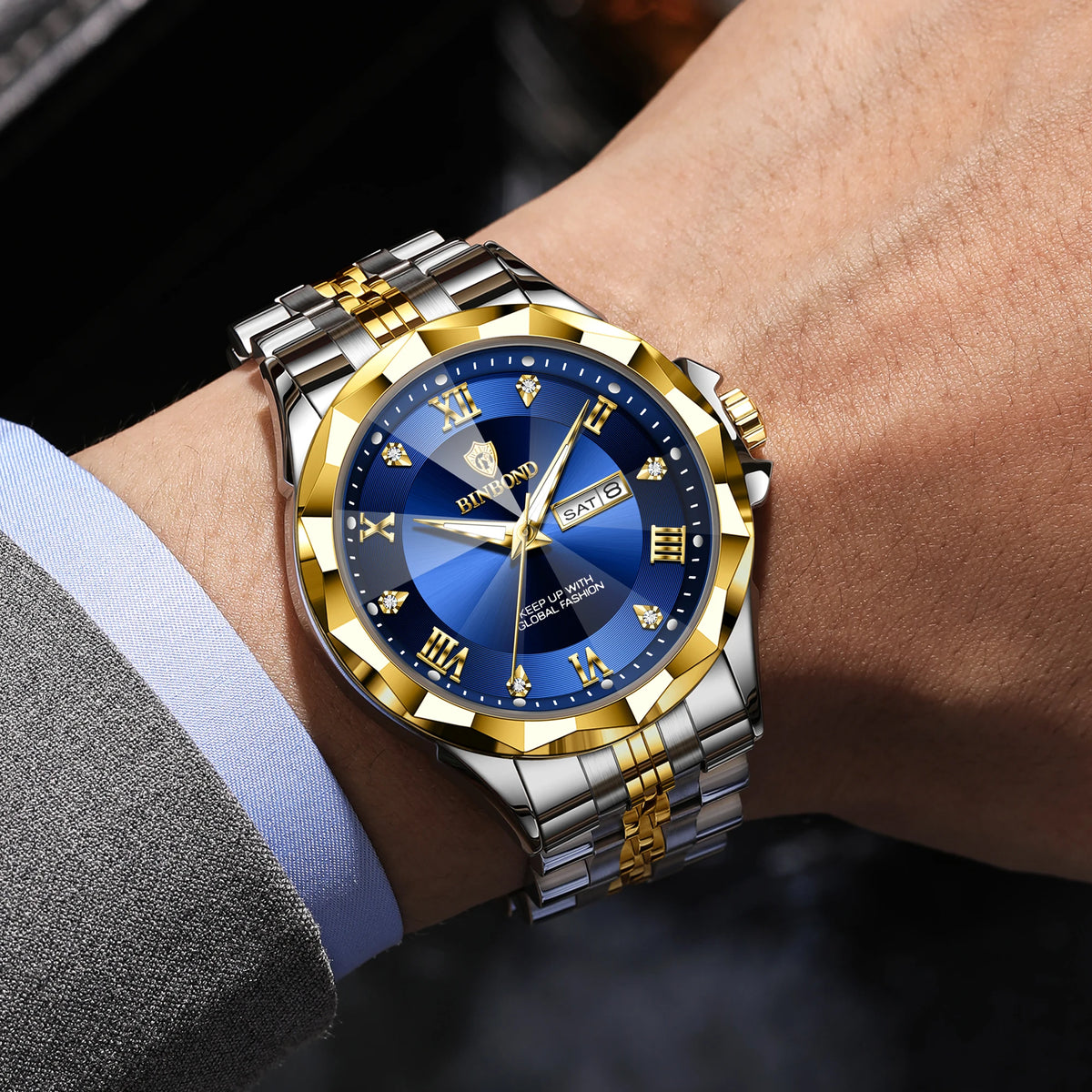 Reloj de cuarzo para hombre BINBOND: reloj de pulsera de lujo, luminiscente y resistente al agua, con indicador del día de la semana y fecha automática.
