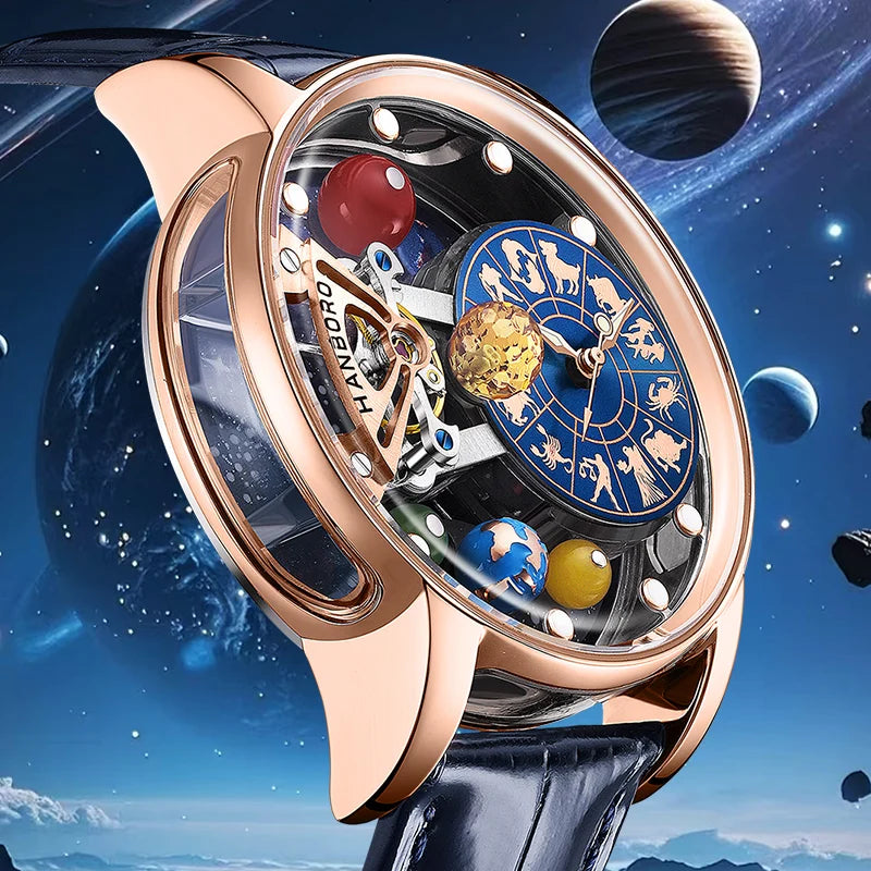 Montre mécanique automatique pour homme, modèle « Ciel étoilé » : design squelette, style constellation, boîtier en acier inoxydable, affichage en relief, fonction luminescente et étanchéité.
