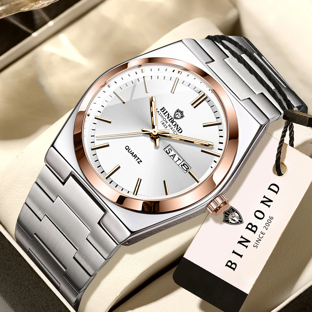 Reloj de pulsera de cuarzo de lujo BINBOND, luminiscente, resistente al agua, con indicación del día de la semana y fecha automática, correa de acero, estilo ejecutivo, deportivo, moderno y desenfadado.