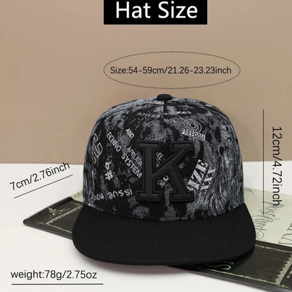 1pc K letter embroidered hip-hop baseball cap with sun visor and flat brim cap
