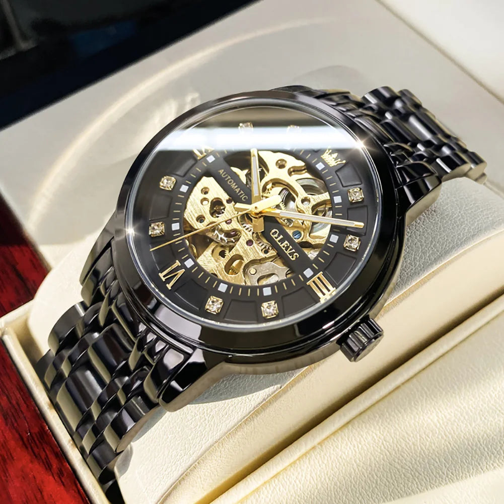 OLEVS 9901 Mens WatchLuxury Hollowing Mechanical Wristwatch Waterproof Luminous Stainless Steel Fashion Automatic Watch For Man