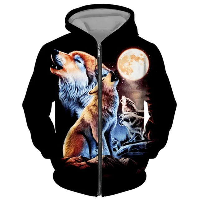 3D Wolf Print Men Zipper Hoodies Fashion Animal Pattern Top Coat Street Punk Style Oversized Sweatshirts Outdoor Leisure Jackets