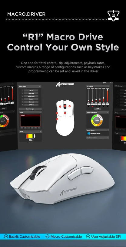 Ratón gaming inalámbrico Bluetooth Attack Shark R1 2.4G USB, 18K DPI, PAW3311, conectividad tri-modo, ligero 59g, para PC, portátil y Mac