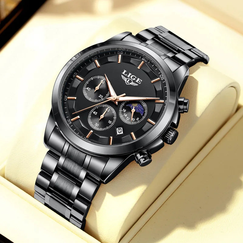 Reloj para hombre LIGE: cronógrafo de cuarzo de lujo, resistente al agua (3 bares), con agujas luminiscentes