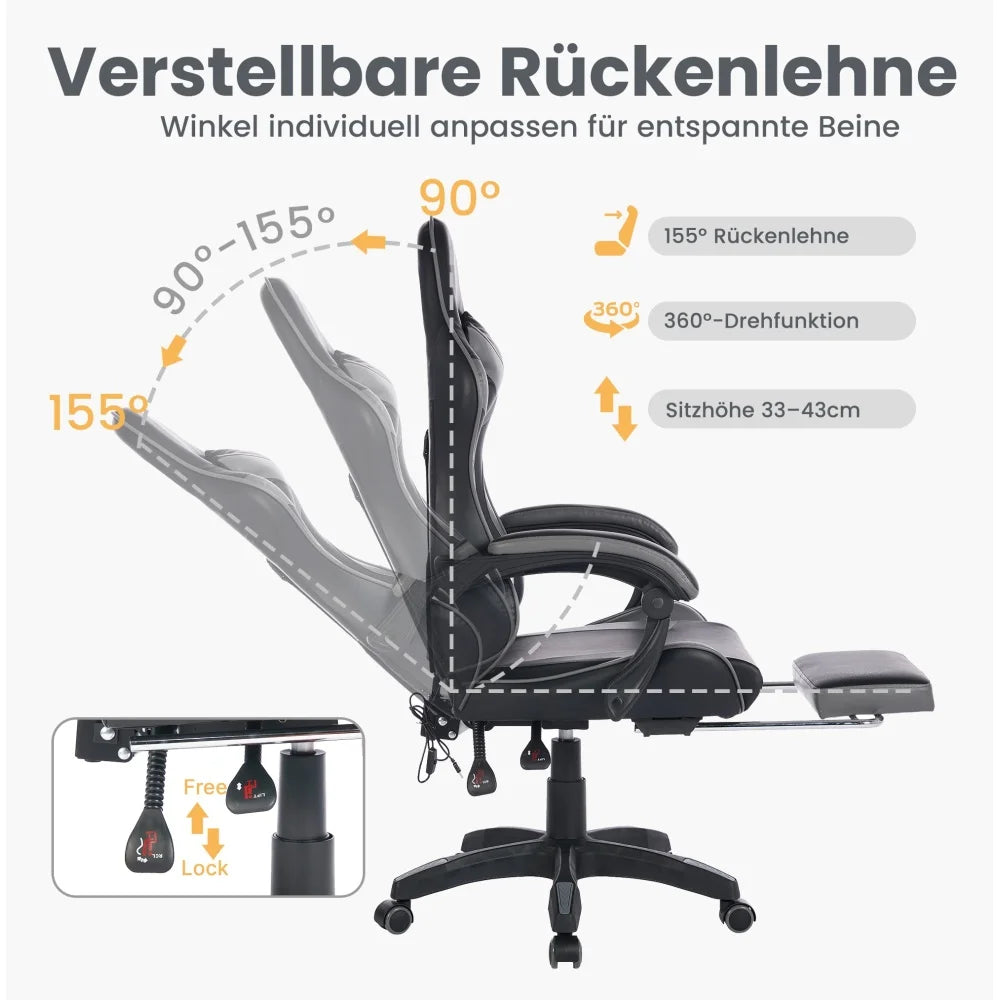 Ergonomic Rotating Gaming Chair, 360 Reclining Office Chair °   Pivoting, Height-Adjustable, Footrest, Headrest