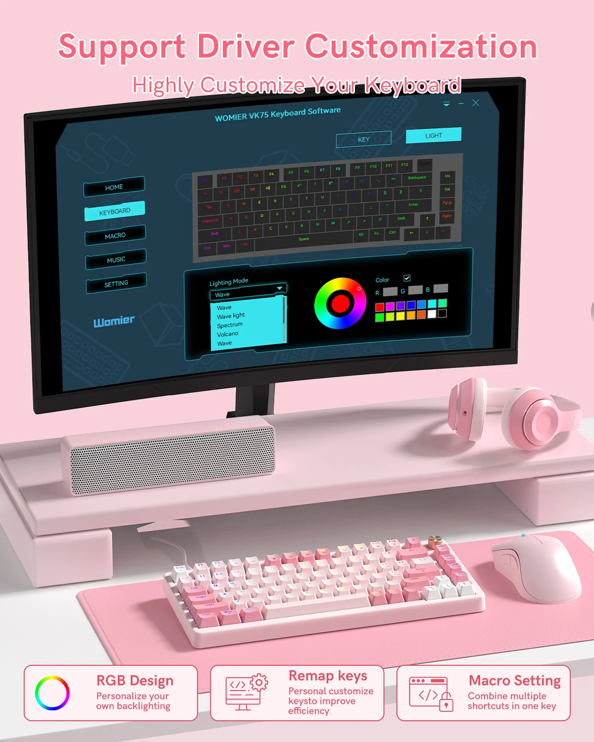 Womier VK75 Wired Mechanical Keyboard Retro Pink Custom Hot-swappable Keyboard for PC Computer Laptop
