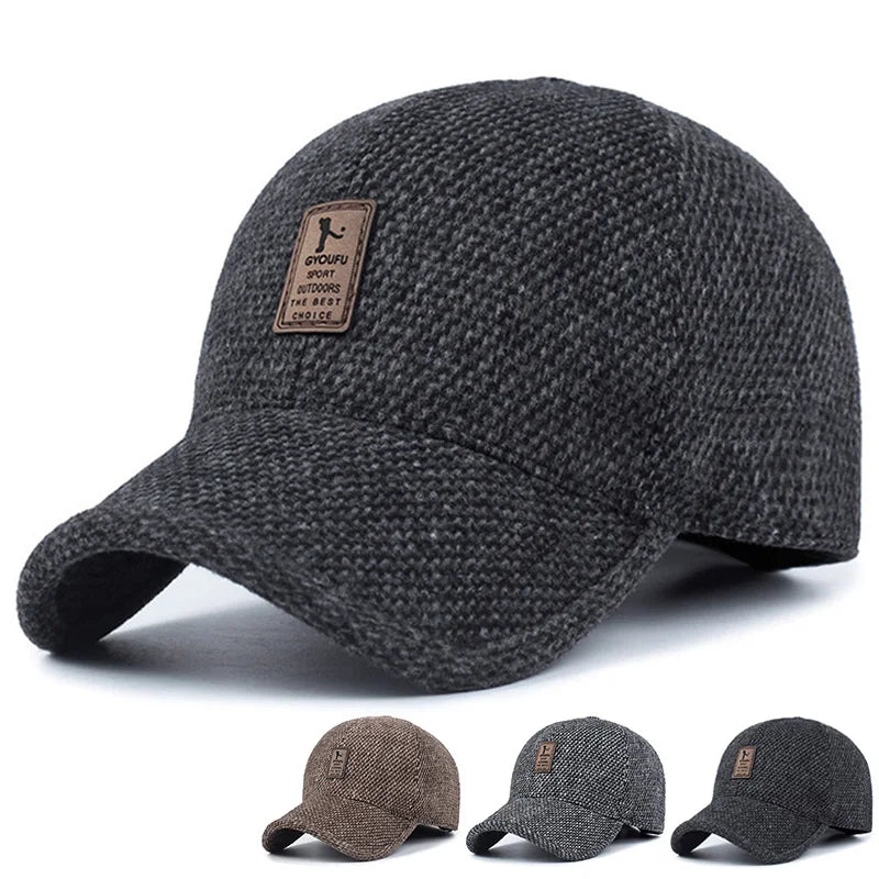 Winter Baseball Cap Warm Windproof Thickened Woolen Knitted Ear Protection Cap Men Adjustable Outdoor Sport Running Earflap Hat