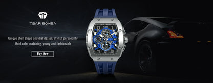 TSAR BOMBA Watch for Men Luxury Brand Tonneau Design Waterproof Clock Stainless Steel Wristwatch Fashion Rectangle Mens Watch