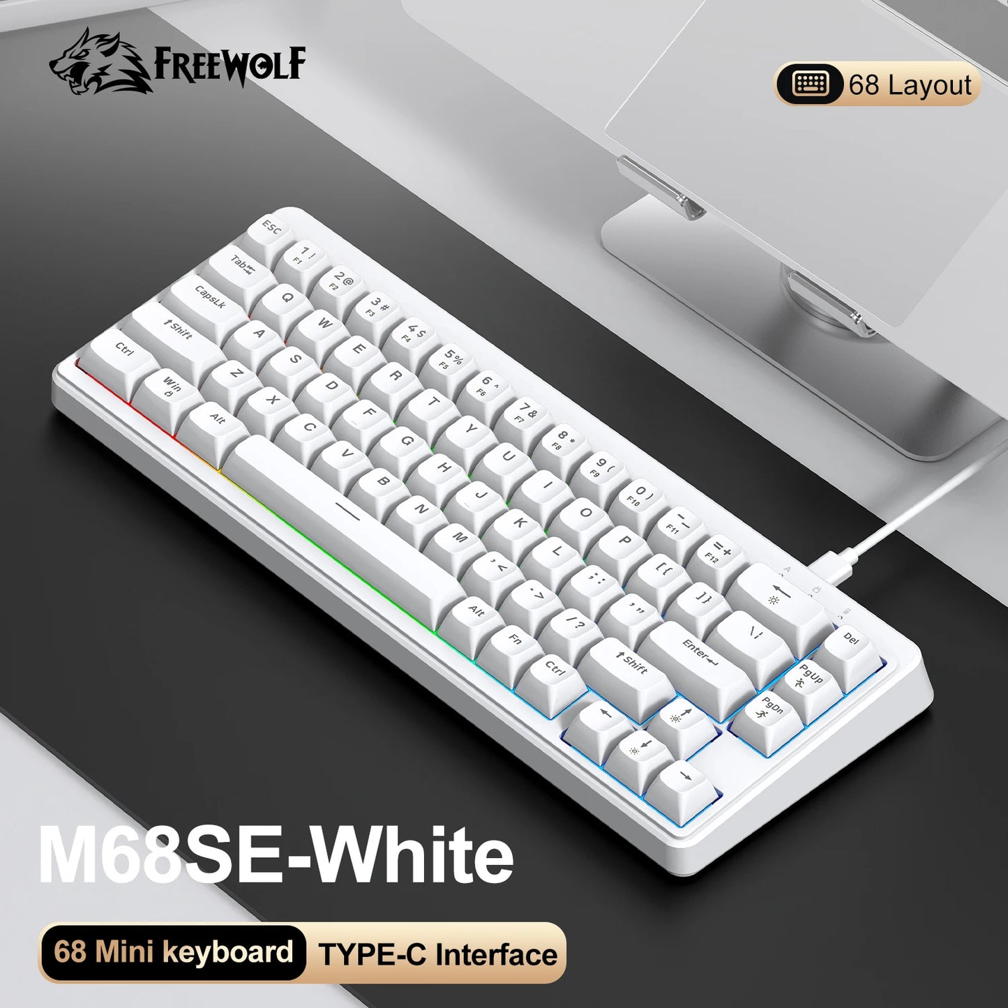 FREEWOLF M68SE 68 Key Mini Wired Keyboard RGB Backlit Type-C 68% Layout Compact Gaming Office PC Laptop