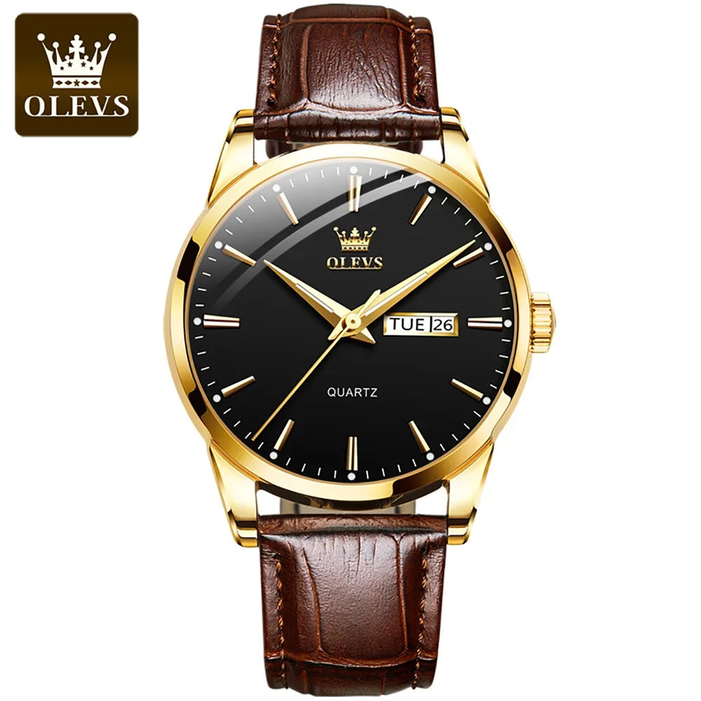 Montre à quartz OLEVS pour homme – Style luxe et élégant, bracelet en cuir, affichage de la date et du jour, étanche, idéale pour le travail