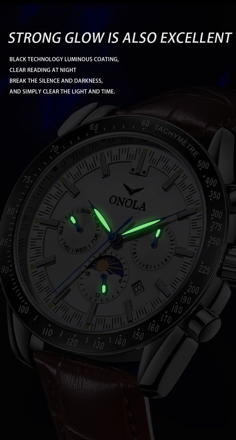Montre mécanique pour homme ONOLA – Montre automatique de luxe au style décontracté, avec bracelet en cuir et cadran ajouré