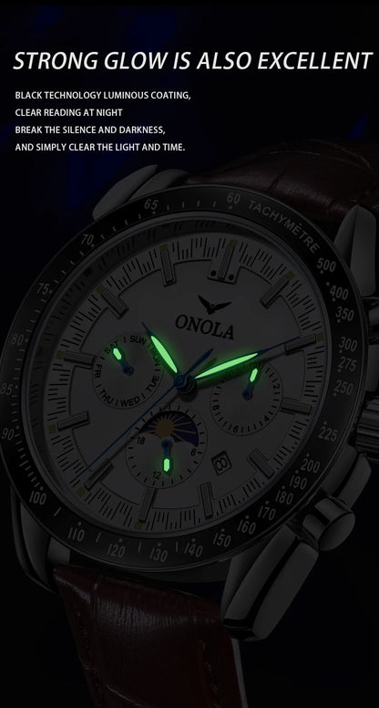 Montre mécanique pour homme ONOLA – Montre automatique de luxe au style décontracté, avec bracelet en cuir et cadran ajouré
