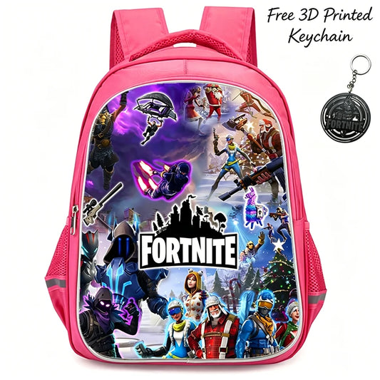 FORTNITE 16-inch Durable Lightweight Backpack, Dual Zipper Pockets, Cartoon Style for Boys & Girls 6-10, Free 3D Printed Keychain