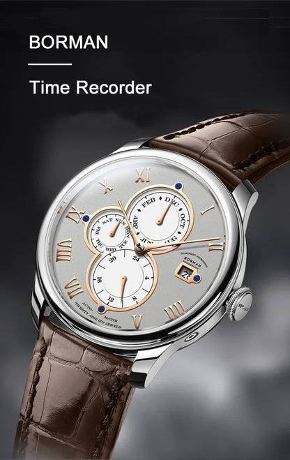 Luxury Brand BORMAN Automatic Mechanical Men's Watches Sapphire 50M Waterproof Multi-function Dial Retro Leather Clocks BM18011