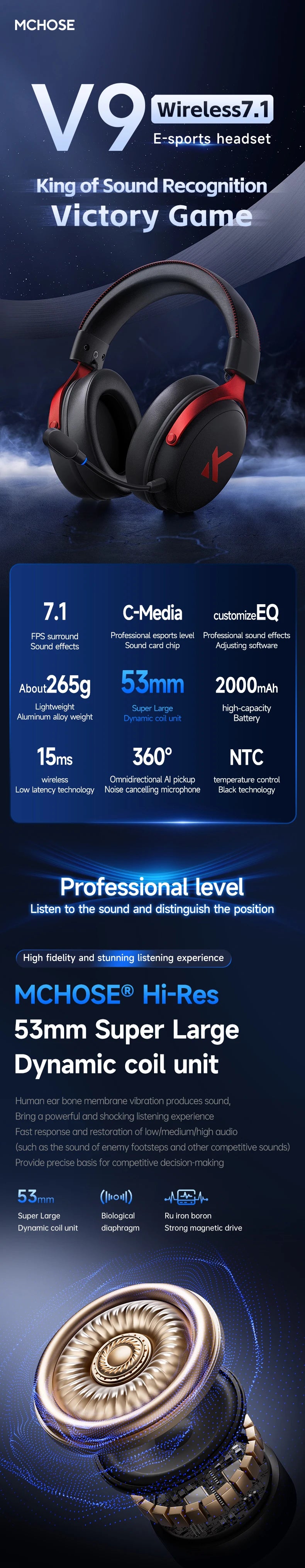 MCHOSE V9 PRO 7.1 Headphones Tri-Mode BT Wireless Low-Latency Gaming E-Sports Headset With Noise Reduction Mic For PC PS4 PS5
