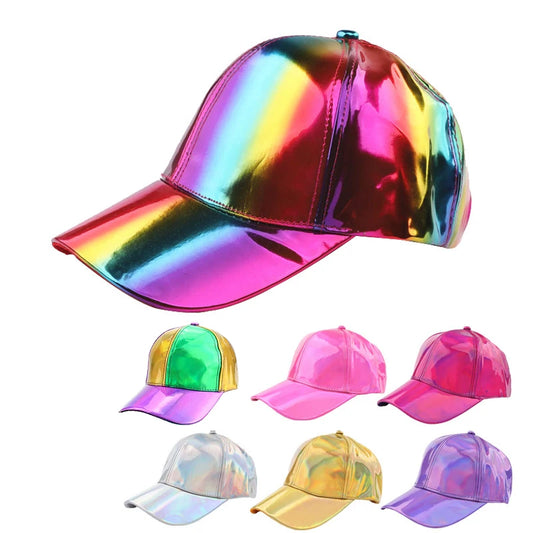 Unisex PU Rainbow Color Changing Baseball Hat Fashion Adult Laser Hip Hop Cap Outdoor Casual Snapback Shiny Party Dressing Hat