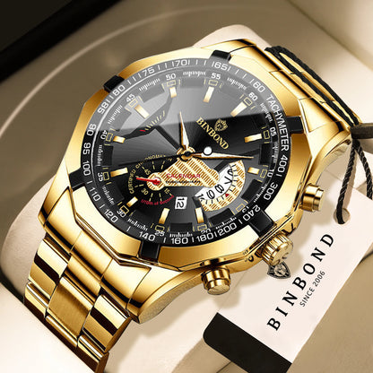 Reloj de pulsera de cuarzo de lujo BINBOND para hombre, luminiscente, resistente al agua, con fecha automática, de acero inoxidable
