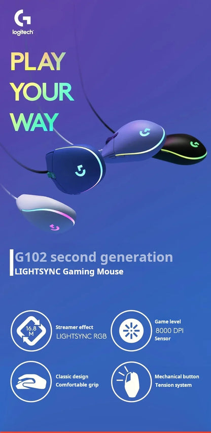 Logitech G102 G203 Wired Gaming Mouse 2.1 Meter Long Cable 8000 DPI RGB Effects for PC Laptop Office Gamer Flexible