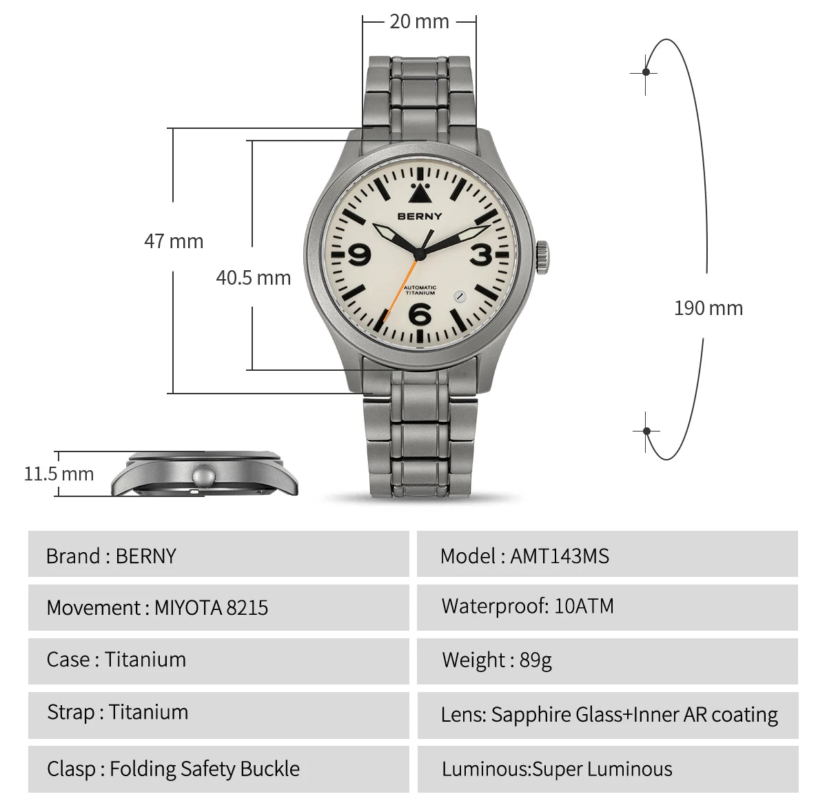 BERNY Aviation Top Titanium Mechanical Men Watch Sapphire AR Coating Supper Luminous 10Bar Sport Watch Titanium Aviation Watches