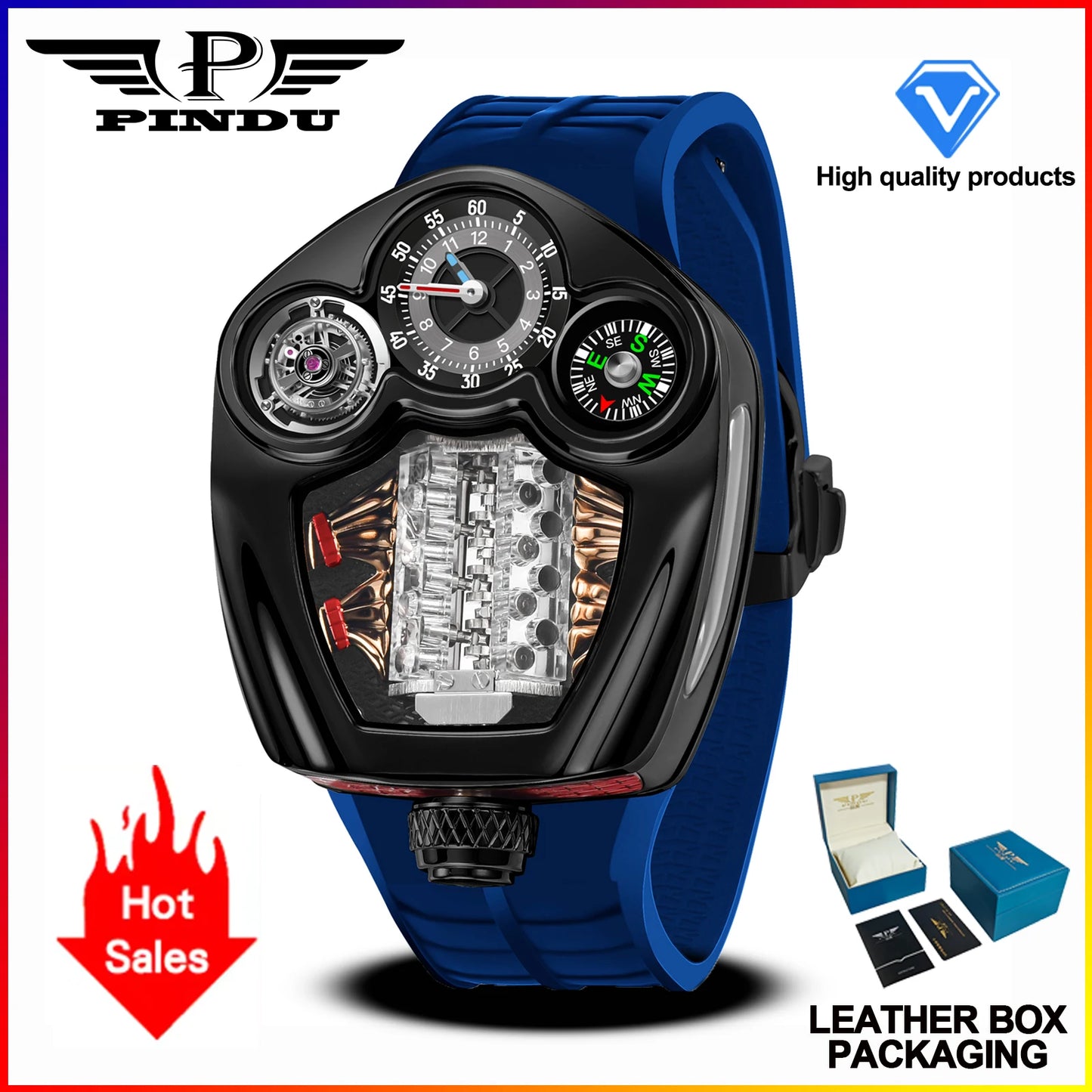 PINDU Design NEW Engine Series Quartz Watch Men's Top-Luxurious Stainless Steel Compass Waterproof Swiss Quartz 762 Movement Watch