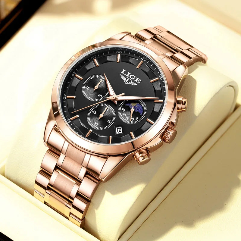 Reloj para hombre LIGE: cronógrafo de cuarzo de lujo, resistente al agua (3 bares), con agujas luminiscentes