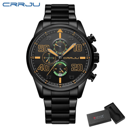 Montre pour homme CRRJU – Chronographe de luxe, grand cadran, acier inoxydable, étanche, avec affichage de la date
