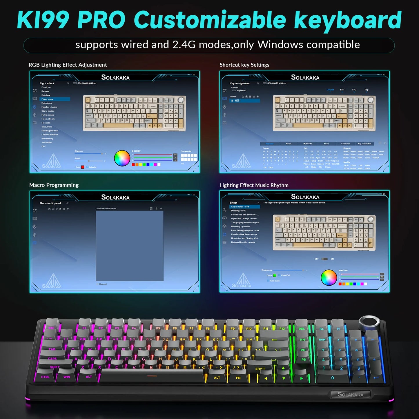 SOLAKAKA Ki99 Pro Bluetooth Wireless Keyboard 99 Keys Tri-mode Gasket Hot Swap RGB Customized Creamy Gaming Keyboard 10000mAh