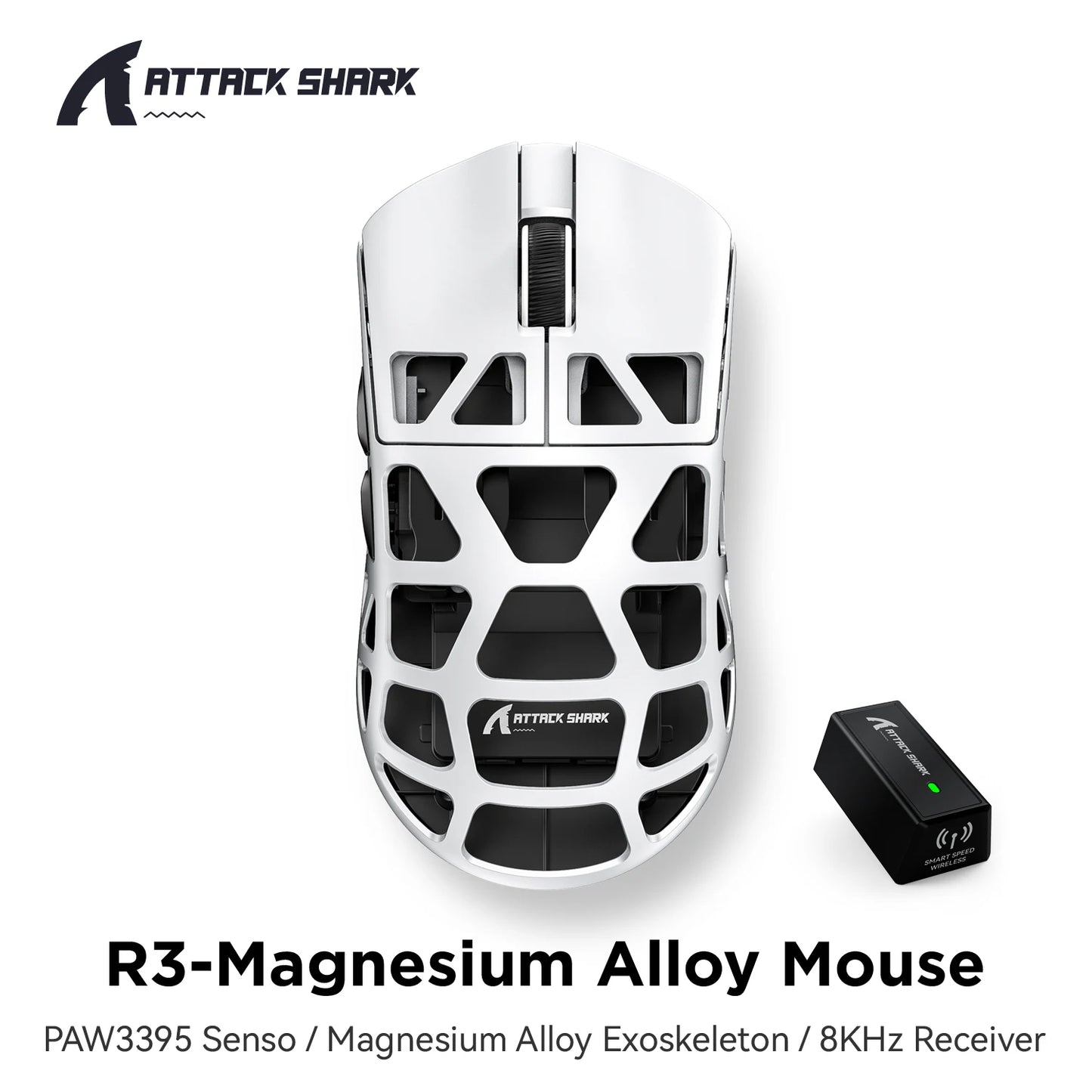 ATTACK SHARK R3 Gaming Mouse Magnesium Alloy Honeycomb,Ultra-Lightweight 8K Hz, PAW3395 Sensor, 26000 DPI, Ergonomic Shel