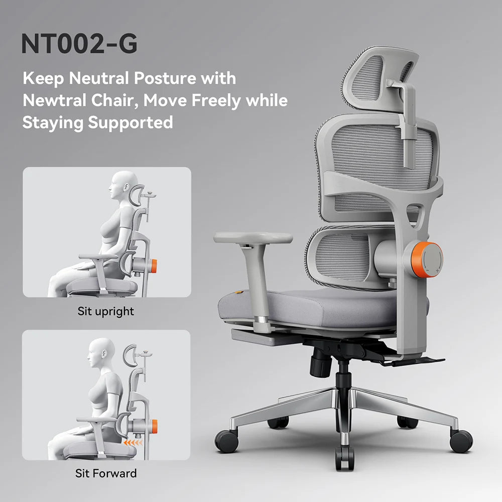 NEWTRAL NT002 Ergonomic Chair, Adaptive Lower Back Support, Adjustable Armrest Headrest Footrest, Gray, Cushioned 4D Armrest