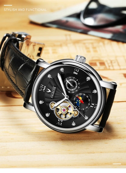 Montre mécanique automatique de luxe pour homme, signée par une grande marque, dotée d'un tourbillon, d'une phase de lune et de diamants – une montre-bracelet élégante.