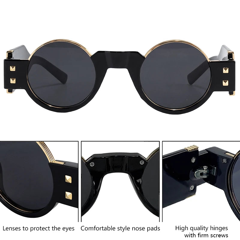 Y2K Punk Gothic Round Sunglasses Men 2026 Luxury Brand Steampunk Wide Temple Thick Frame Sun Glasses For Male Retro Cool Shades