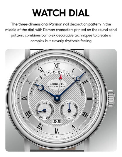 FARASUTE Men's Mechanical Watch Flyback Function Seagull Movement Month Display Week Display Calendar YearDisplay Sapphire Watch