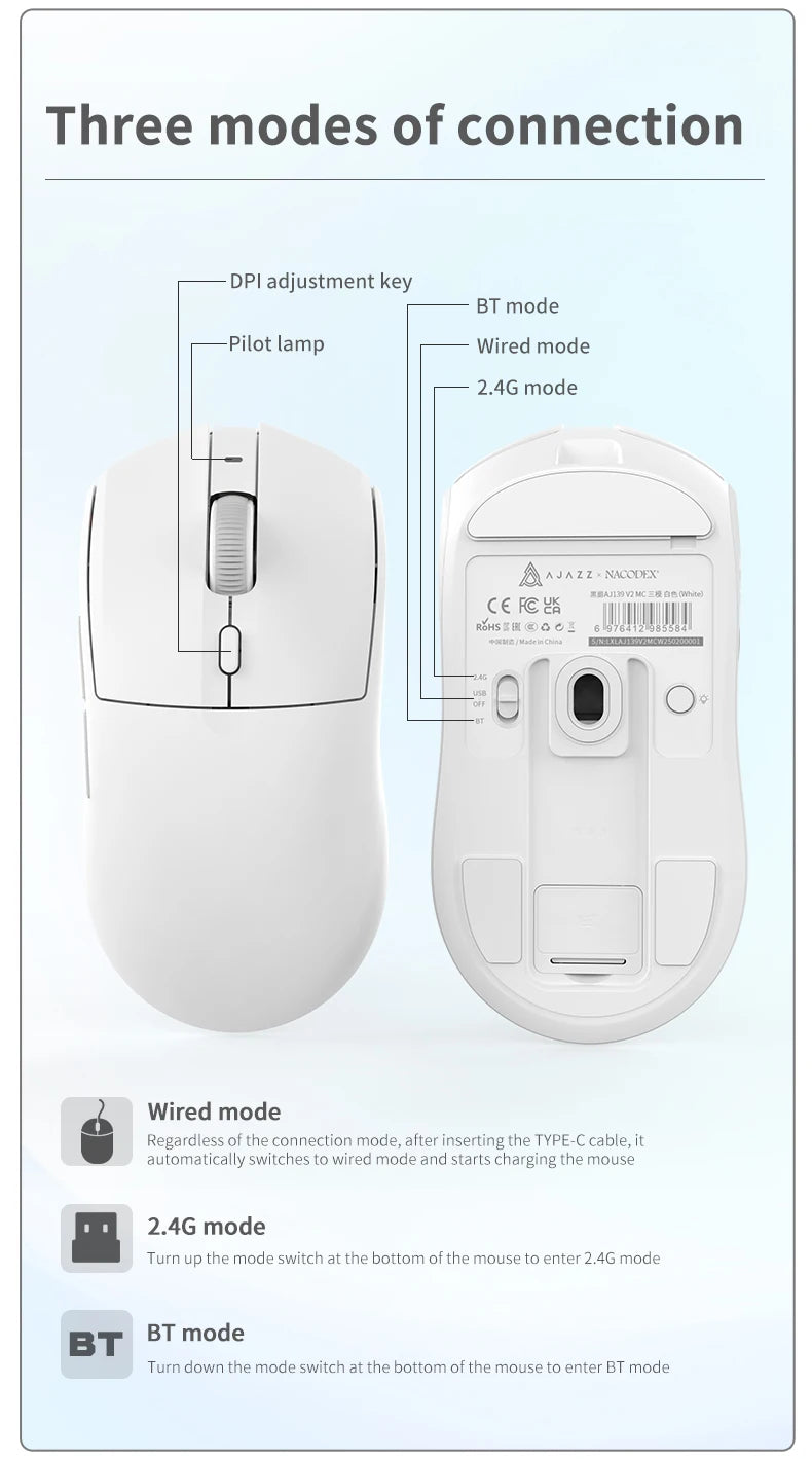 AJAZZ AJ139Pro/AJ139V2MC Wireless Mouse PMW3395/PAW3311 Chipset 12000-26000Dpi Professional Gaming Mouse
