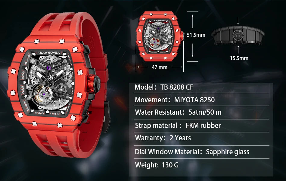 TSAR BOMBA Carbon Fiber Automatic Mechanical Watch for Men Waterproof Skeleton Mens Watches Top Brand Luxury Wristwatches
