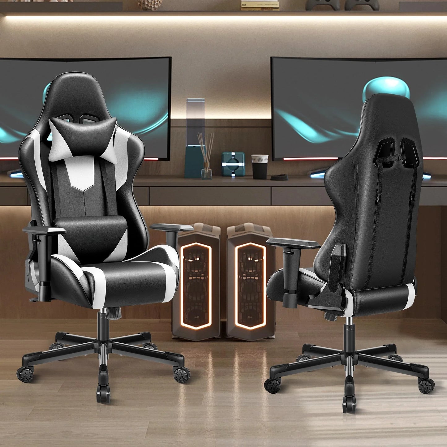 Gaming Chair, Ergonomic Game Chair, Multi-Level Adjustable, Swivel Home Office Chair, Black & White