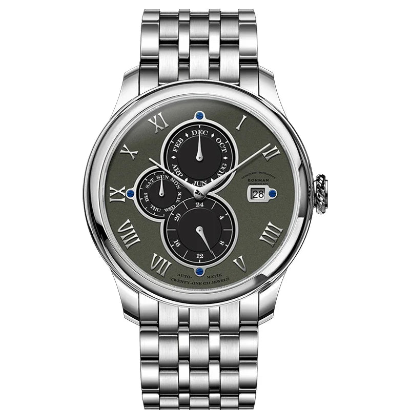 Luxury Brand BORMAN Automatic Mechanical Men's Watches Sapphire 50M Waterproof Multi-function Dial Retro Leather Clocks BM18011