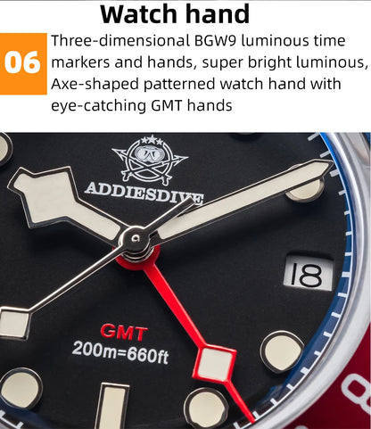 ADDIESDIVE Luxury GMT Men's Diving Watch 200m Waterproof Bubble Mirror Glass Quartz Watch BGW9 Blue Luminous Sports Watch AD2044