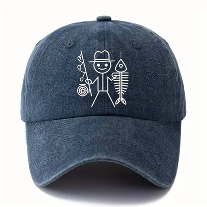 Printed cartoon man fishing baseball cap, outdoor curved brim cap, truck driver cap, vacation travel camping