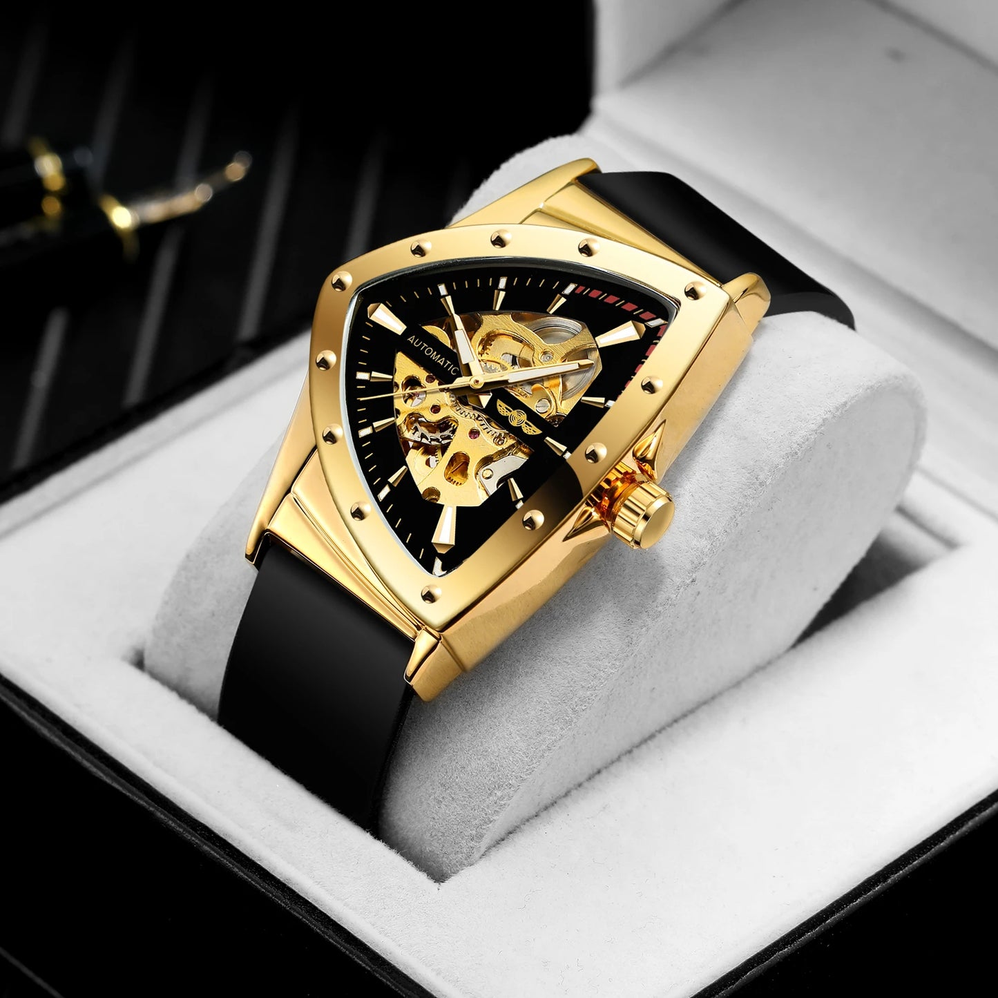WINNER High Quality Watch for Men Triangle Steel Skeleton Mechanical Automatic Movement Clockwork Waterproof Rubber strap Wrist