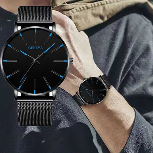 Reloj para hombre – Reloj de cuarzo de lujo, estilo informal, fino, correa de malla de acero, resistente al agua, modelo deportivo