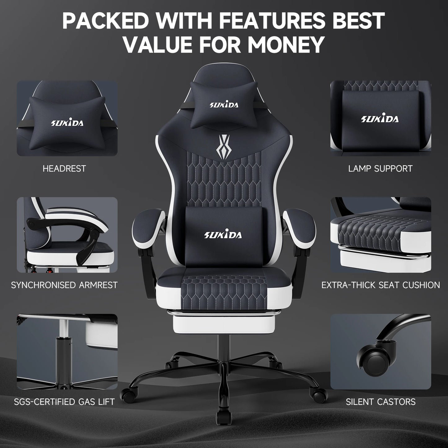 SUKIDA Gaming chair Gamer chair Ergonomic Office Chair Footrest Adjustable Loin & Pillows Gaming Chair