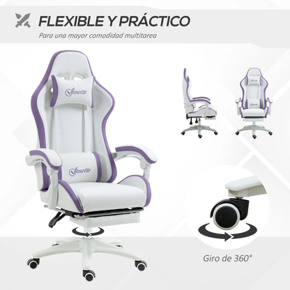 Vinsetto Gaming Chair Pu Leather Gamer Chair Adjustable Height Reclining 135 °   Headrest and Footrest 65X65X121-129 cm White