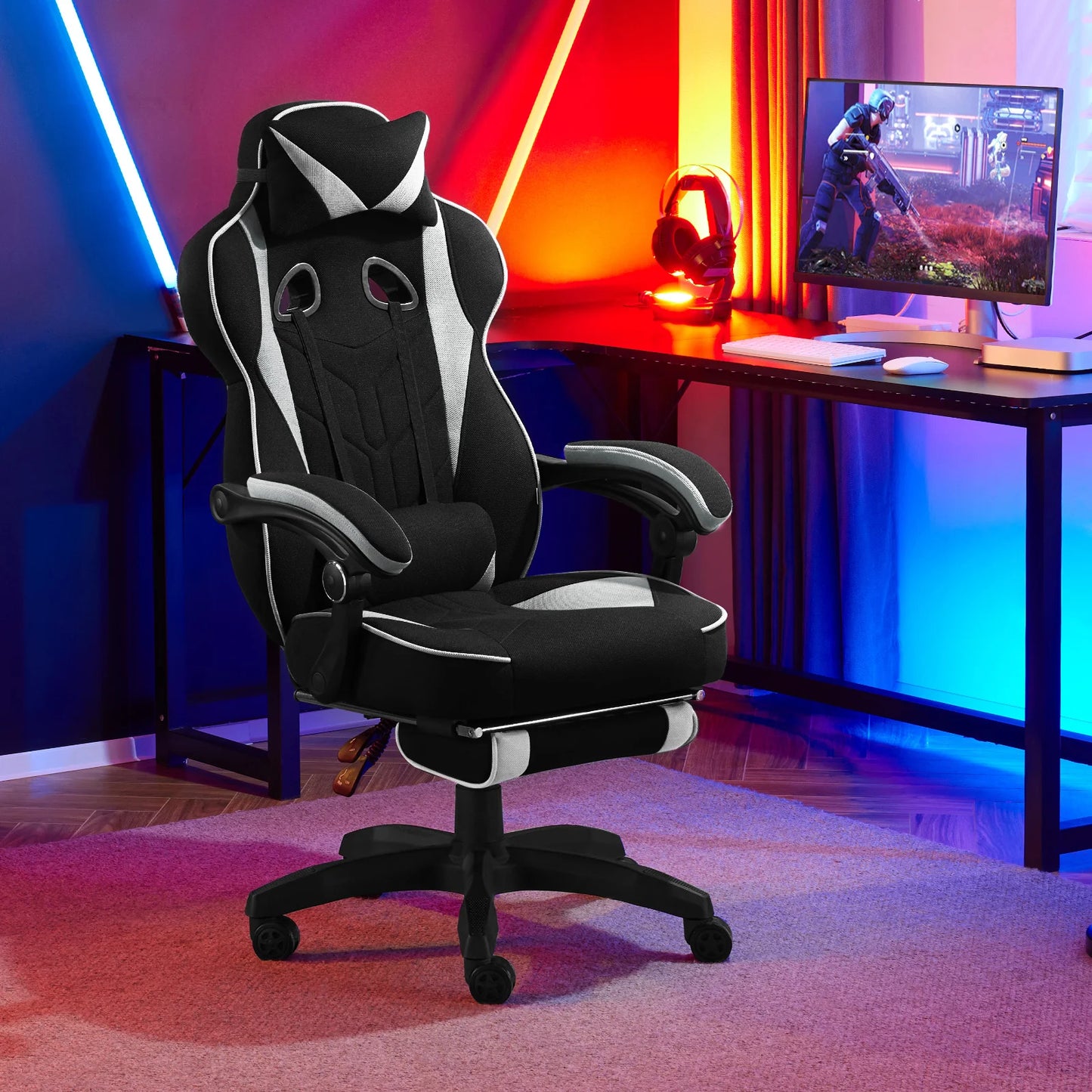 WOLTU Ergonomic Gamer Computer Chair Executive Office Chair Breathable Gaming Chair with Lumbar Cushion Headrest Footrest