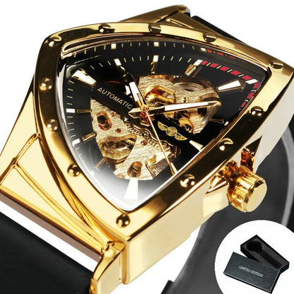 Reloj automático para hombre WINNER, diseño esqueleto triangular, agujas luminiscentes, correa de caucho, estilo militar, reloj mecánico de lujo