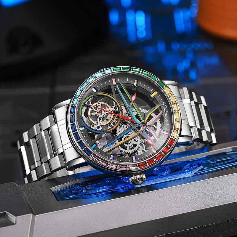 Reloj esqueleto para hombre, de estilo moderno, adornado con piedras preciosas de los colores del arcoíris y dotado de un tourbillon; reloj mecánico automático de lujo, hermético hasta 30 metros.
